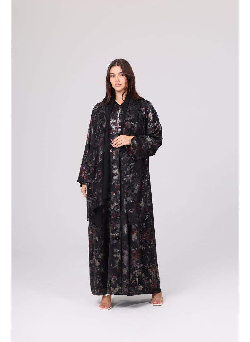 اكسا عباية تصميم زهور ABY1067 اسود - Image 1